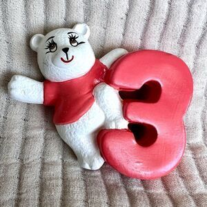 Three Year Old Ceramic Teddy Bear‎ Cake Topper White and Red
